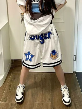 Zoki Streetwear Y2K жени хип-хоп спортни шорти Harajuku писмо бродерия Bf баскетболни шорти корейски извънгабаритни висока талия шорти