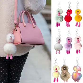 Модерен цветен плюшен косъм щраус ключодържател фламинго птица сладък пустиня Harajuku ключодържател чанта кола ключодържател изявление бижута подаръци