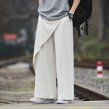Най-новите пролетно-летни панталони на открито Мъжки японски модни панталони Китайски вятър Country Tide Ретро Ramie Baggy Панталони с широки крака