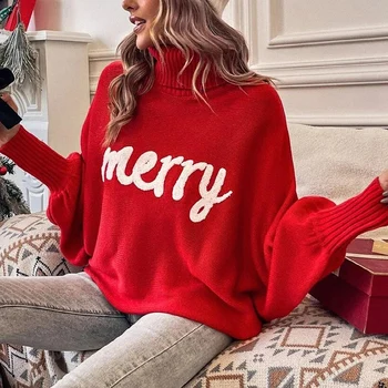 Коледа случайни хлабав плетени върхове мода поло Batwing дълги ръкави пуловери 2023 жени елегантни хлабав пуловери пуловери 1
