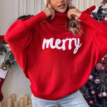 Коледа случайни хлабав плетени върхове мода поло Batwing дълги ръкави пуловери 2023 жени елегантни хлабав пуловери пуловери 2