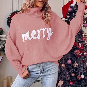 Коледа случайни хлабав плетени върхове мода поло Batwing дълги ръкави пуловери 2023 жени елегантни хлабав пуловери пуловери 4