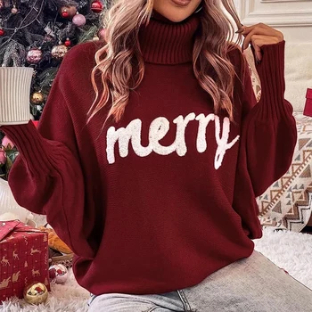 Коледа случайни хлабав плетени върхове мода поло Batwing дълги ръкави пуловери 2023 жени елегантни хлабав пуловери пуловери 5