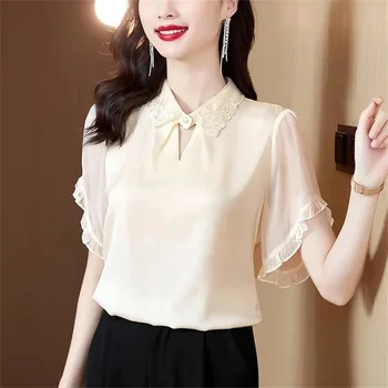 Жена пролет лято стил блузи ризи дама случайни къс бутер ръкав завой-надолу яка Blusas върховете G2750 0