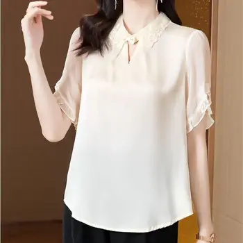 Жена пролет лято стил блузи ризи дама случайни къс бутер ръкав завой-надолу яка Blusas върховете G2750 2