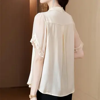 Жена пролет лято стил блузи ризи дама случайни къс бутер ръкав завой-надолу яка Blusas върховете G2750 3
