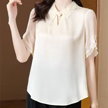 Жена пролет лято стил блузи ризи дама случайни къс бутер ръкав завой-надолу яка Blusas върховете G2750 4