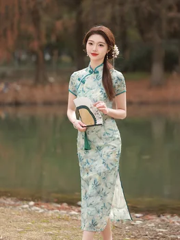 Лятна дамска бродерия жакард шифон къс ръкав Qipao ретро мандарин яка Cheongsam китайска вечерна рокля