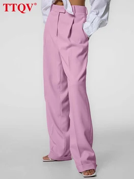 TTQV Елегантен розов офис дамски панталони 2023 мода висока талия прости панталони улично облекло случайни нови прави пълен Lengt панталони
