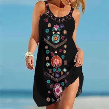 Дамски летен отпечатан плаж секси без ръкави жените слънце пола цвете печатни рокли каишка жените случайни окачени рокли