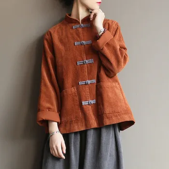 есен зима ретро кадифе плътен цвят стойка яка плоча бутон дълъг ръкав Tang костюм яке риза китайски стил топ жени