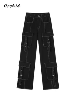 Gothic High Street Women Cargo Jeans Vintage High Waist Denim Pants Black Multi-pocket Straight Wide Leg Trousers Есен 2023
