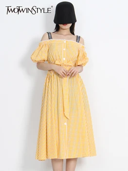 TWOTWINSTYLE Casual Plaid Dress For Women Square Collar Sleeveless High Waist Colorblock Midi Dresses Female Fashion Clothes New