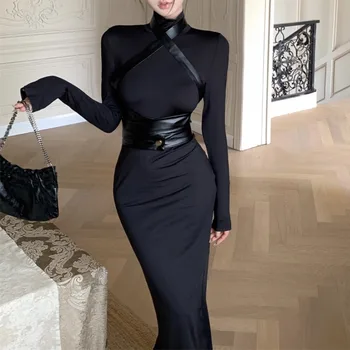 2024 Жени Есен елегантен офис дама Bodycon дълга рокля френски реколта Y2k рокля корейски ретро модни дрехи