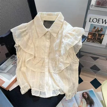 Нов сладък волан блуза жени темперамент дами върхове летящ ръкав кухи навън летни ризи блузи 2023 Blusas Mujer De Moda