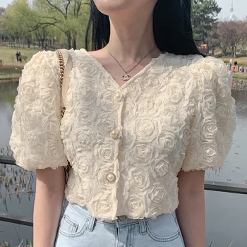 Корейски бутер ръкав v-образно деколте шифон блуза жени лято шик еднореден перла копчета риза елегантен 3D роза кроп върховете P223