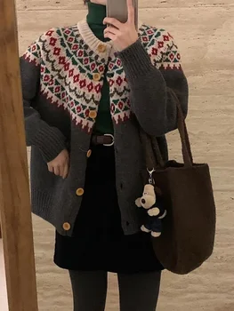 есен зима жените яке реколта етнически стил жакард плета жилетка мода геометрични един ред бутон O-образно деколте пуловер палто