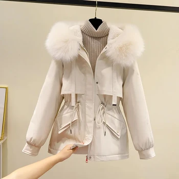 Дамско яке Parkas 2023 Нова зимна мода Корейски хлабав качулка дебел топъл топъл памучен подплатен парки палто женски палто върхове