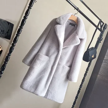 Моден ревера случайни имитация дълго палто от изкуствена кожа есен зима топли памучни дрехи хлабав твърди дълги ръкави зимно палто жени 0