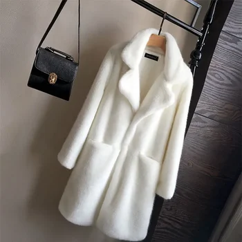 Моден ревера случайни имитация дълго палто от изкуствена кожа есен зима топли памучни дрехи хлабав твърди дълги ръкави зимно палто жени 2