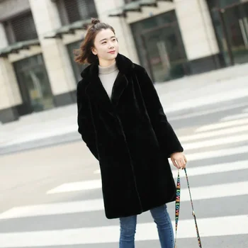 Моден ревера случайни имитация дълго палто от изкуствена кожа есен зима топли памучни дрехи хлабав твърди дълги ръкави зимно палто жени 3
