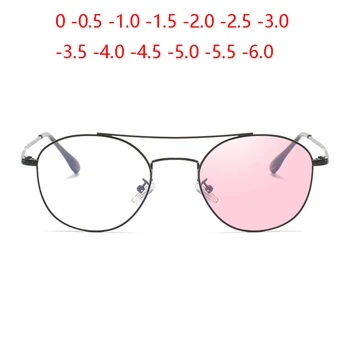 Слънце Фотохромно розово/сиво/чай Миопия леща рецепта очила жени мъже метални овални миопи люнети 0 -0.5 -1.0 -1.5 до -6.0