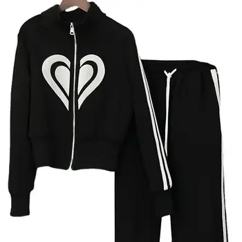 Pocket Design палто панталони комплект стилен дамски спортен екипировка сърце печат суитчър палто широк крак панталони комплект за есен/зима дълго