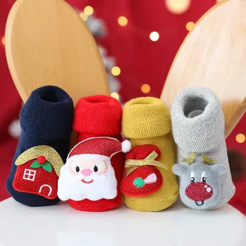 бебе есенно-зимен вълнен кръг удебелен топъл анимационен филм новородено бебе етаж чорапи Коледа червени детски чорапи