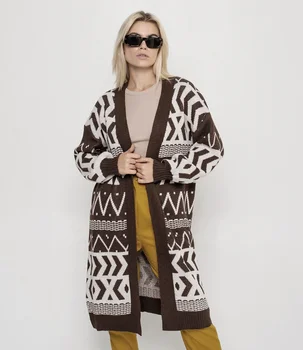 Есен/зима жени дълго жилетка трикотажно палто пуловер нов v-образно деколте реколта дълго трикотаж хлабав геометричен модел случайни пуловери