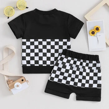 Малко дете бебе летни дрехи къс ръкав шахматна дъска печат къс ръкав тениска с къси панталони бебе 2бр облекло 4