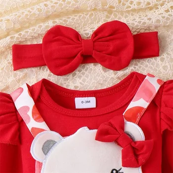 новородени момичета Валентин Ден тоалети бебе ританки мечка кръпка сърце печат бебе тиранти поли дрехи комплект 3бр 0