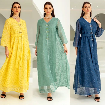 Жълти сини зелени рокли за жени 2022 Елегантна висококачествена мрежеста рокля Caftan New In Плюс размер халат Лятно вечерно парти в Дубай