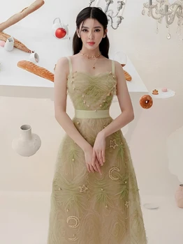 2023 Лято Нова виетнамска ниша марка скрий гора зелена мрежа мъглива звезда луна жартиера рокля дълга пола