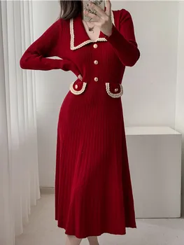 френски малък ароматен стил дълъг ръкав плетена рокля жени есен зима тънък темперамент средна дължина Коледа пуловер рокля