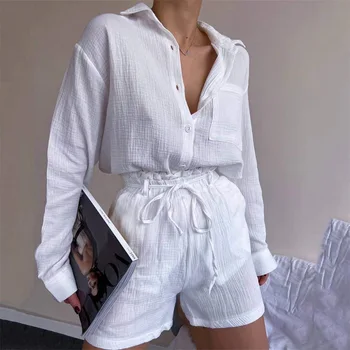 100% памук марля муселин елегантен дамски комплекти дълъг ръкав риза блузи с висока талия шорти костюми случайни анцуг