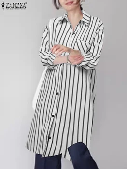 ZANZEA Случайни хлабав ревера яка туники жени мода дълга риза 2023 есен дълъг ръкав блуза реколта райе печат джобни върхове