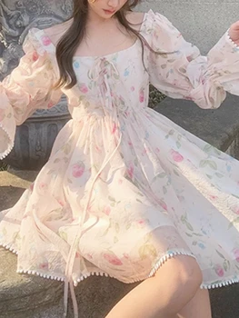 френска елегантност флорални мини рокля жени дизайн шифон дантела звънец ръкави плажна рокля мода Y2k корейски парти рокля лято 2023