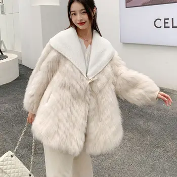 корейски стил голям завой надолу яка топло кожено палто за жени 2023 Нов извънгабаритен истински лисица кожа ивица кожа пачуърк палто QU21