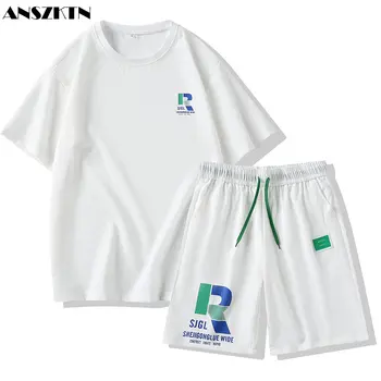 ANZKTN Летни мъжки шорти с къс ръкав ежедневни младежки спортен комплект личност мода свободна тениска