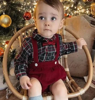 Baby Boy Коледни дрехи Комплект карирана риза Bow + Suspender Corduroy Short 2PCS Бебешки комплект дрехи за малки деца Бебешки дрехи 1-3Y