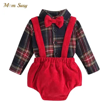 Baby Boy Коледни дрехи Комплект карирана риза Bow + Suspender Corduroy Short 2PCS Бебешки комплект дрехи за малки деца Бебешки дрехи 1-3Y 1