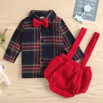 Baby Boy Коледни дрехи Комплект карирана риза Bow + Suspender Corduroy Short 2PCS Бебешки комплект дрехи за малки деца Бебешки дрехи 1-3Y 2