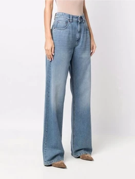 Summer Light Blue High-waisted Thin Slim-fitting Wide-leg Floor-length Denim Trousers for Women