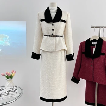Есен Зима Нова пола костюм жени елегантен корейски малък аромат мода къси палта + средата пола случайни офис дама 2-парче комплект