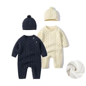 Зимен памучен гащеризон Дрехи за катерене Дрехи за новородени Бебе малко дете Есенна плетена пуловер Бебе Момче момичета Топло твърдо боди + шапка