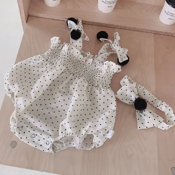 лято Корейски новородено бебе момиче триъгълник гащеризон Strappy точка памук без ръкави Onesie малко дете момичета прашка гащеризон лък лента за глава 4