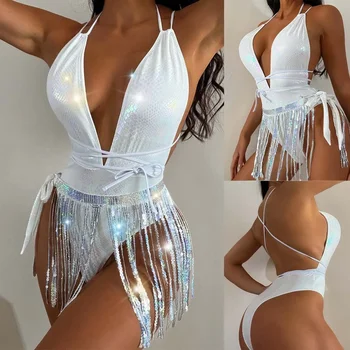 2023 Жени Y2K Sliver Fringe бански костюм Пайети Dorado Metalizado Mujer бикини