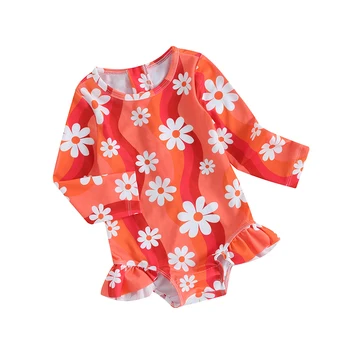 Малко дете бебе момиче бански дълъг ръкав флорални волани бъчви бански костюм цип бански костюми плажно облекло