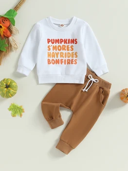 2Pcs Хелоуин костюми за бебета момчета момичета отпечатани Crewneck суитчър шнур дълги панталони съвпадение комплект