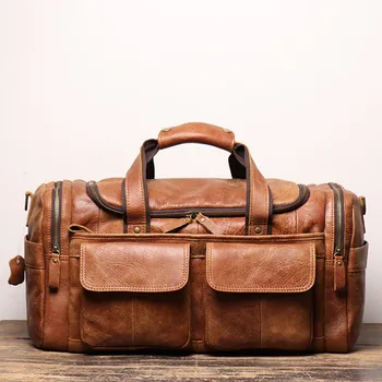 Мъжка чанта за пътуване от естествена кожа Торбичка за багаж Горен слой телешка Европейски голям капацитет Открит туристически лагер Crossbody пакет